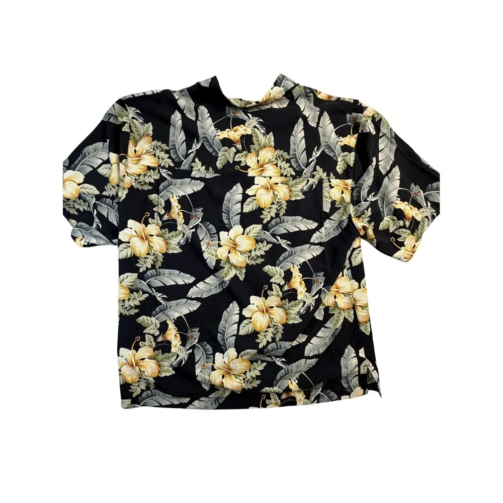 Bermuda Bay Mens XL‎ 100%Silk Hawaiian Shirt Black Yellow Hibiscus Floral Marlin